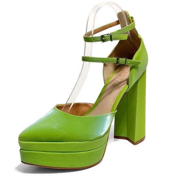 Schutz Elysee Green Double Platform Ankle Strap Pointy Toe Block Heel Dress - Picture 10 of 15
